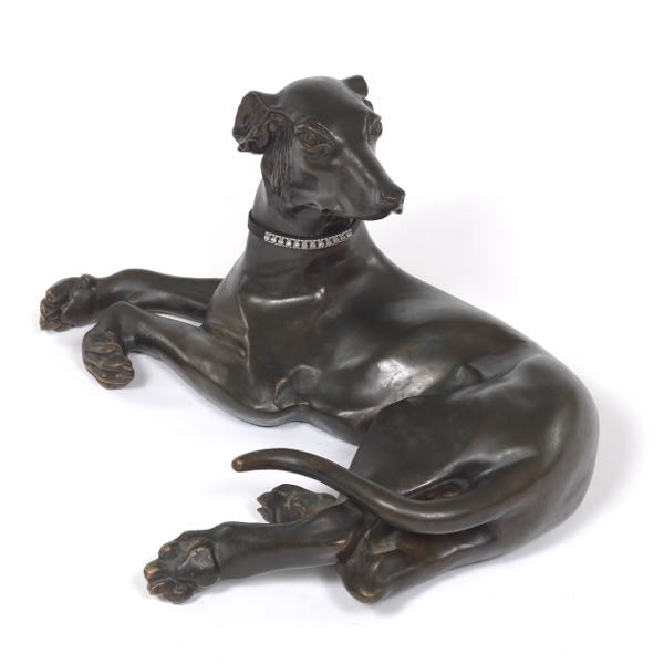 Appraisal: RECUMBENT BRONZE WHIPPET SCULPTURE WITH CLEAR STONES COLLAR x x