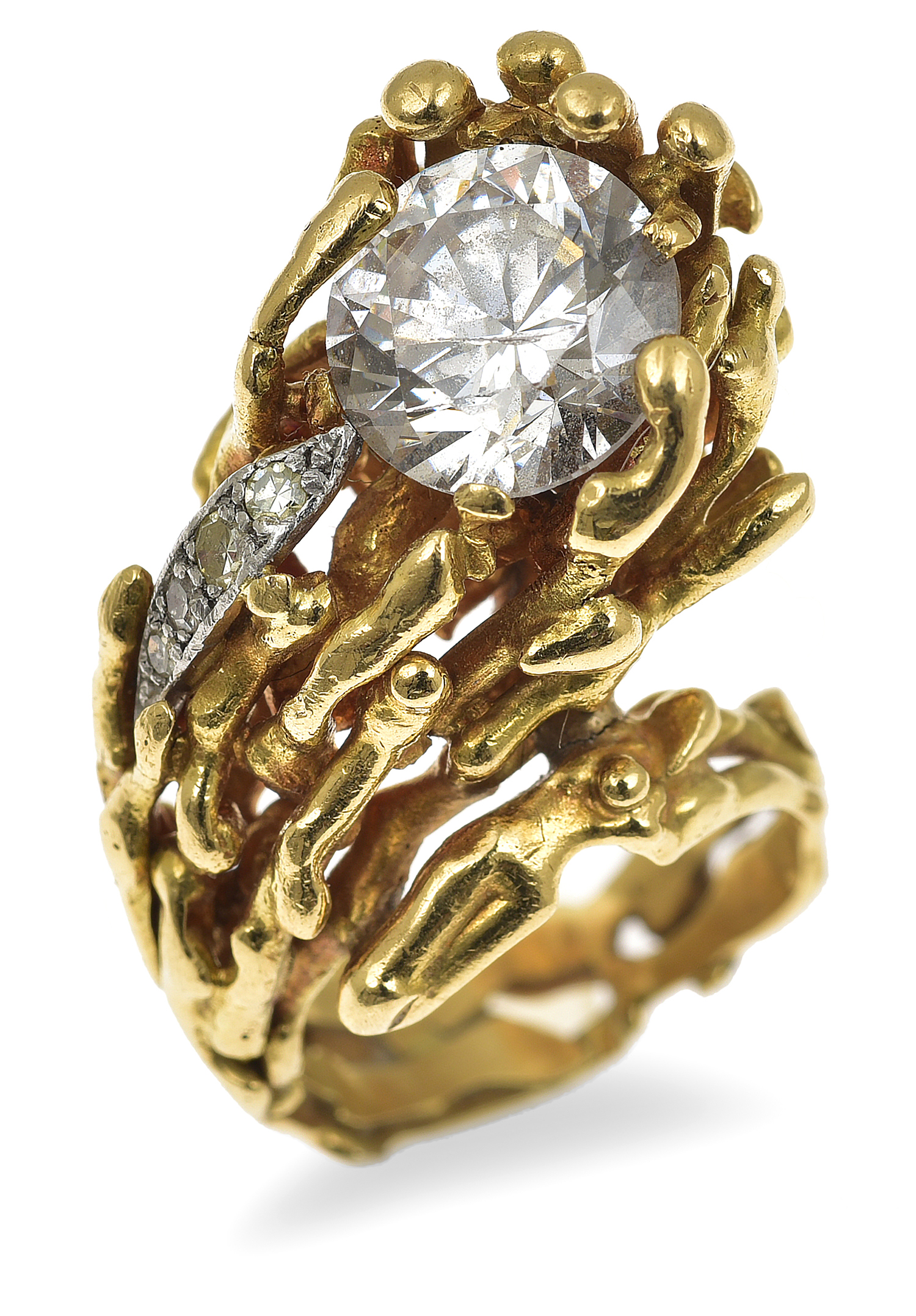 Appraisal: A GOLD AND GEM-SET RING BY GRIMA Of textured and