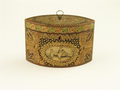 Appraisal: A George III rolled paper navette tea caddy the front