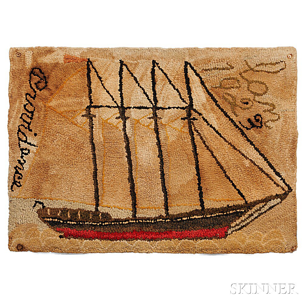 Appraisal: Hooked Rug with Sailing Ship America c lettered Providence and