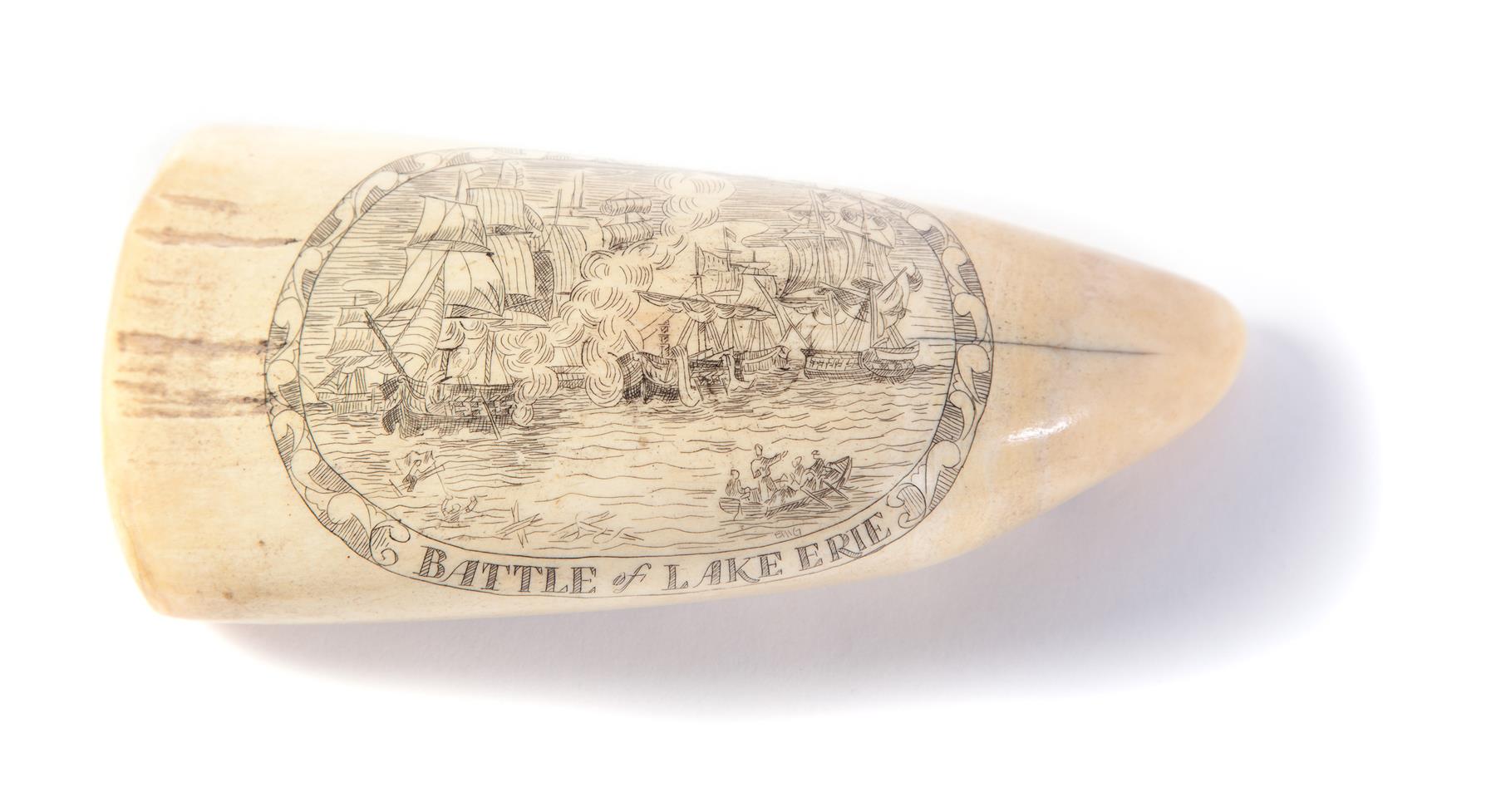 Appraisal: SCRIMSHAW WHALE TOOTH Nineteenth century Battle of Lake Erie after