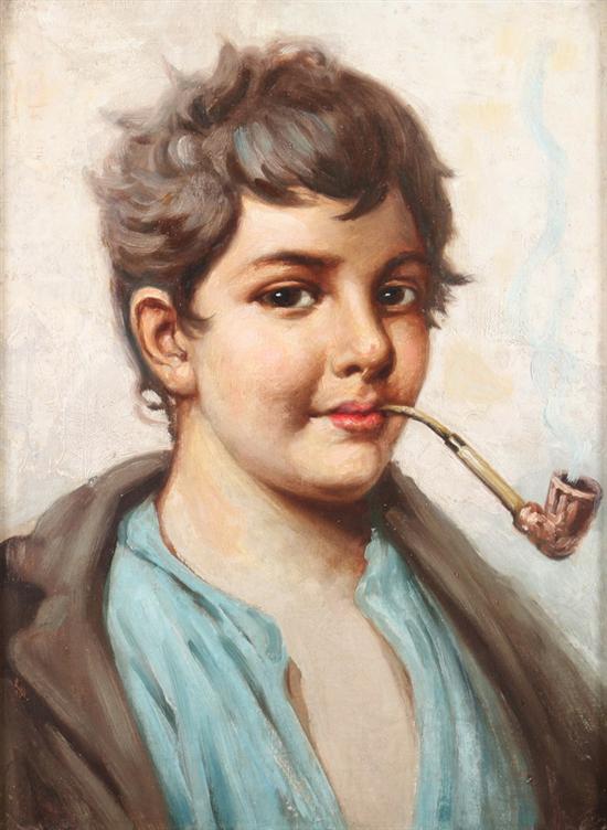 Appraisal: VALLY Spanish th th century YOUNG BOY SMOKING PIPE oil