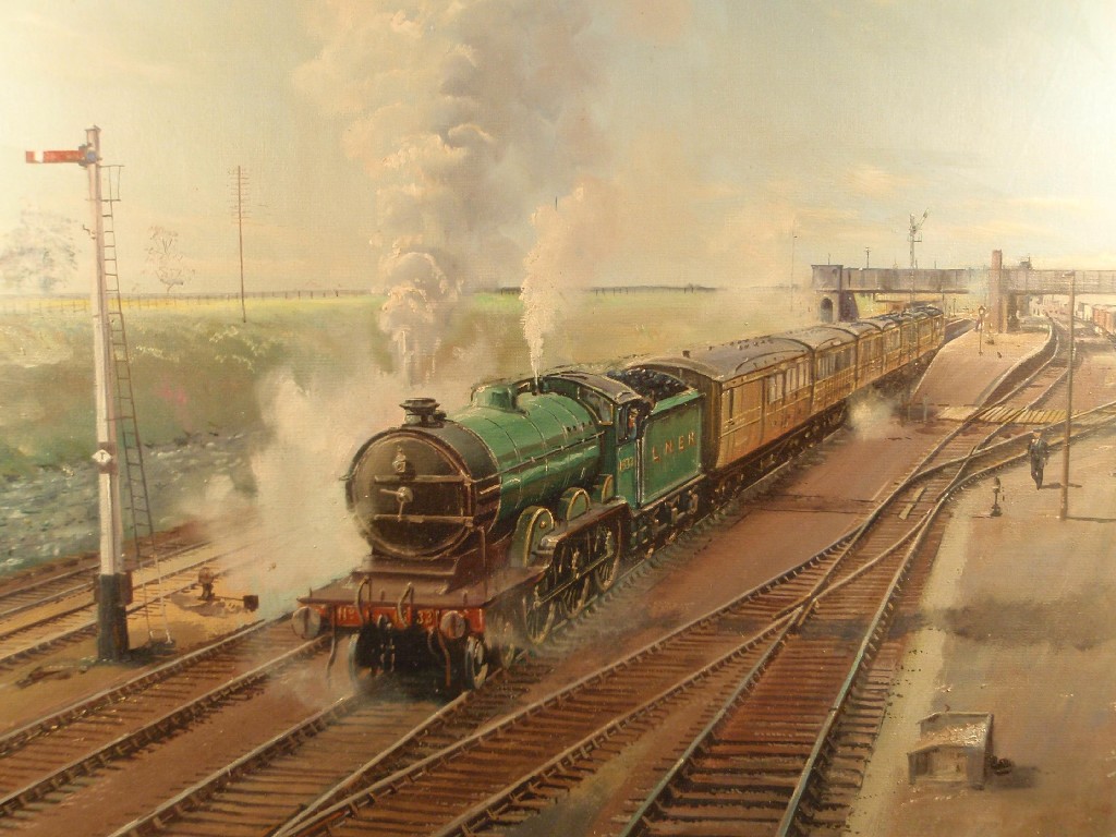 Appraisal: P Bradshaw LNER pulling away from the station oil on