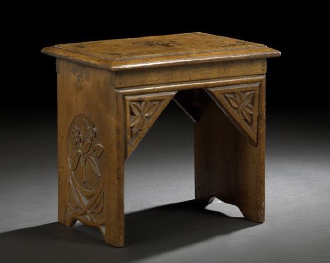 Appraisal: Continental Carved Oak Stool late th century the rectangular top