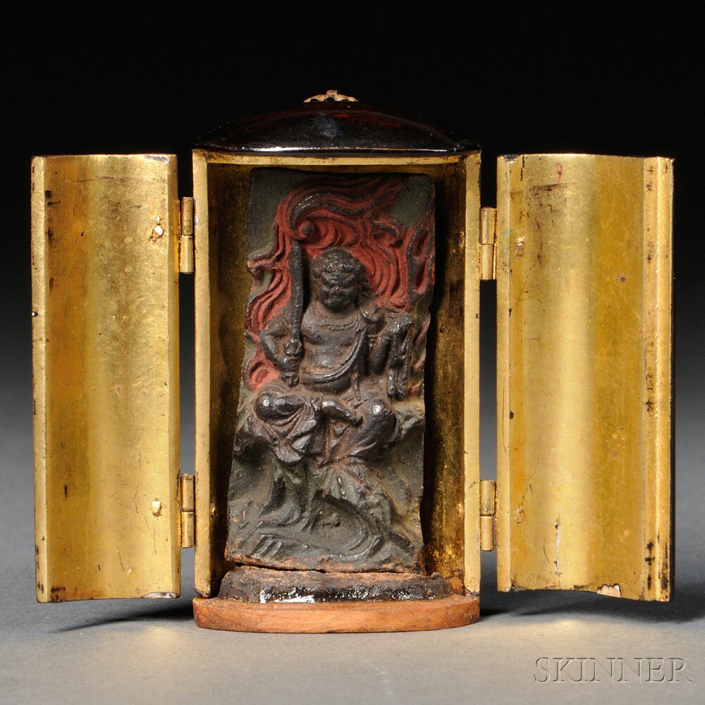 Appraisal: Lacquer Portable Buddhist Shrine Japan th century elliptical column-shape enshrining