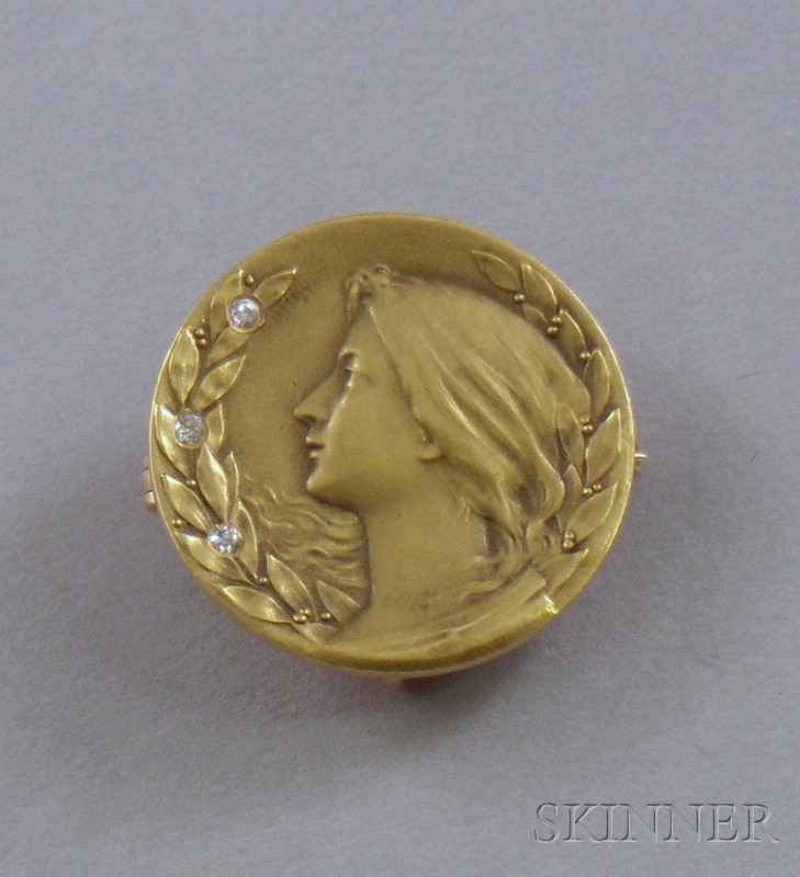 Appraisal: Art Nouveau kt Gold Pin Krementz Co depicting a young