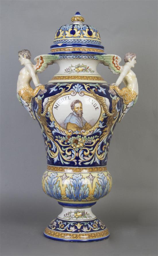 Appraisal: A French Faience Urn and Cover A Montagnon Height inches