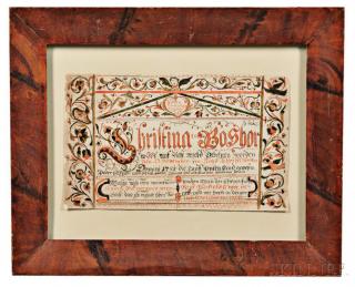 Appraisal: Watercolor Birth and Baptismal Fraktur for Christina Boshor attributed to