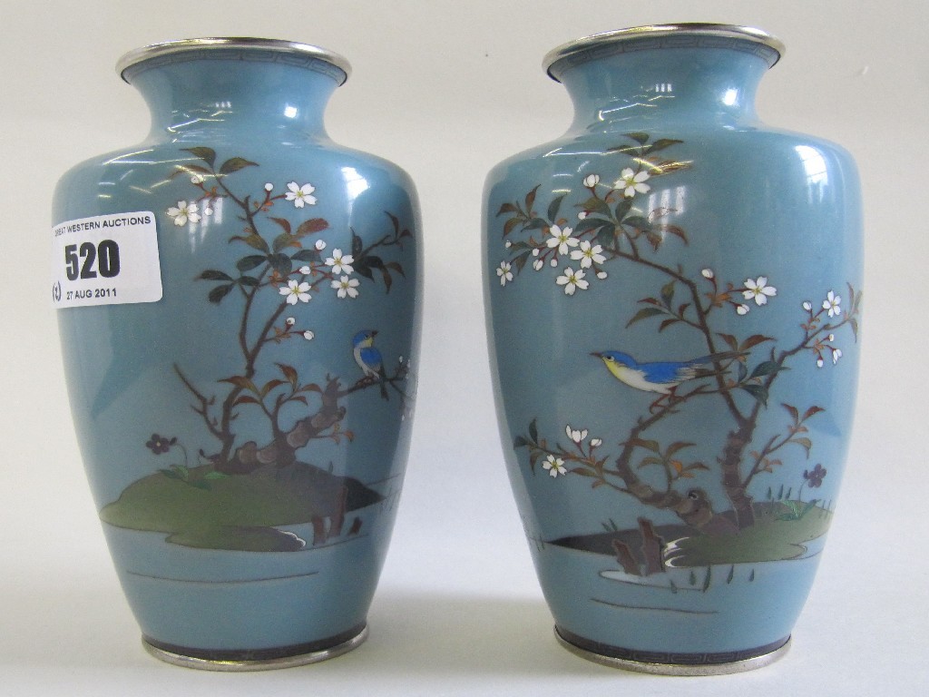 Appraisal: Pair of Cloisonne vases decorated with birds in blossoming trees