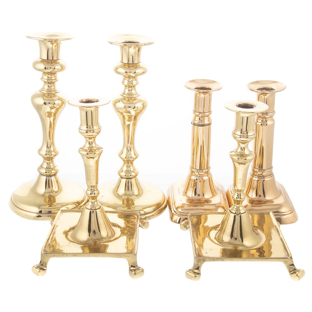 Appraisal: Three Pairs Brass Candlesticks Includes pair Victorian telescoping candlesticks in