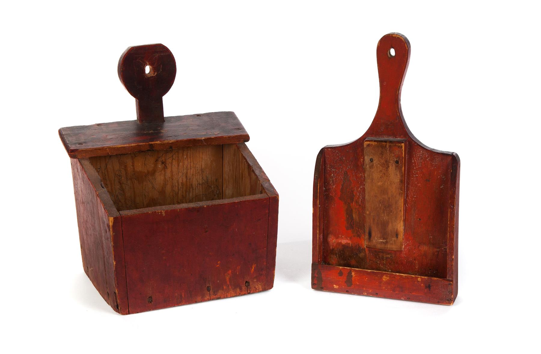 Appraisal: TWO AMERICAN HANGING BOXES Nineteenth century pine Large salt box