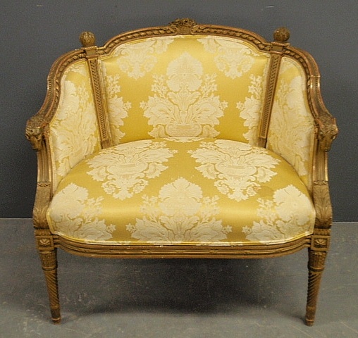 Appraisal: - Louis XVI style love seat with carved ram s