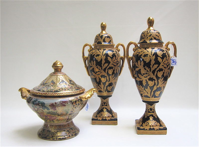 Appraisal: PAIR CERAMIC URNS AND A COVERED BOWL split handled urns