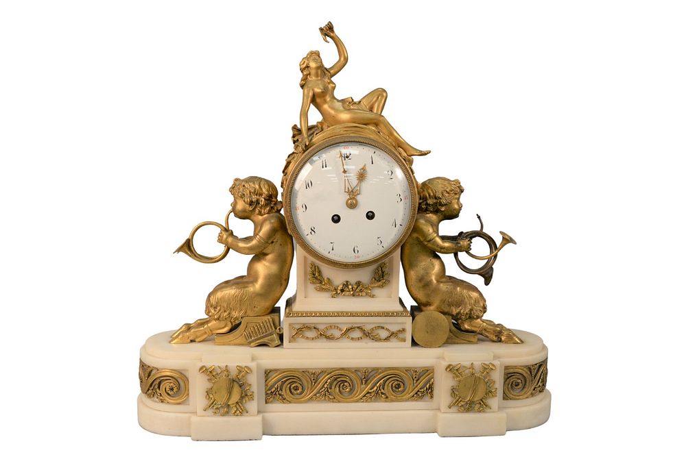 Appraisal: French Figural Marble Bronze Mantle Clock having nude woman figure