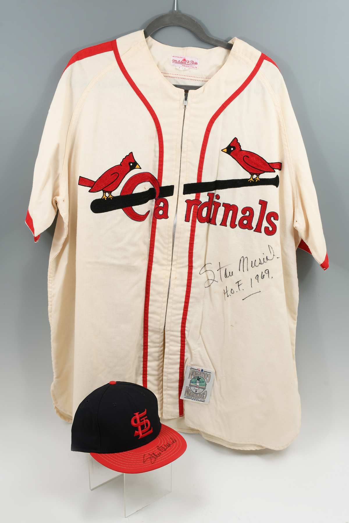 Appraisal: STAN MUSIAL AUTOGRAPHED JERSEY AND HAT Mitchell Ness jersey signed