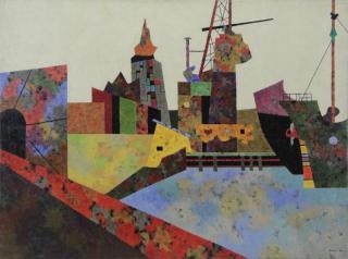 Appraisal: GROSS Sidney Oil on Canvas Modernist Harbor Signed and dated