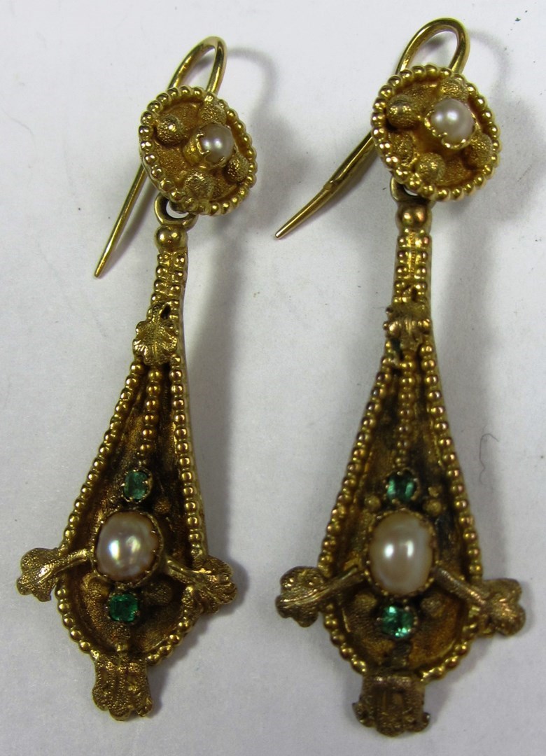 Appraisal: A pair of gold emerald and half pearl set pendant