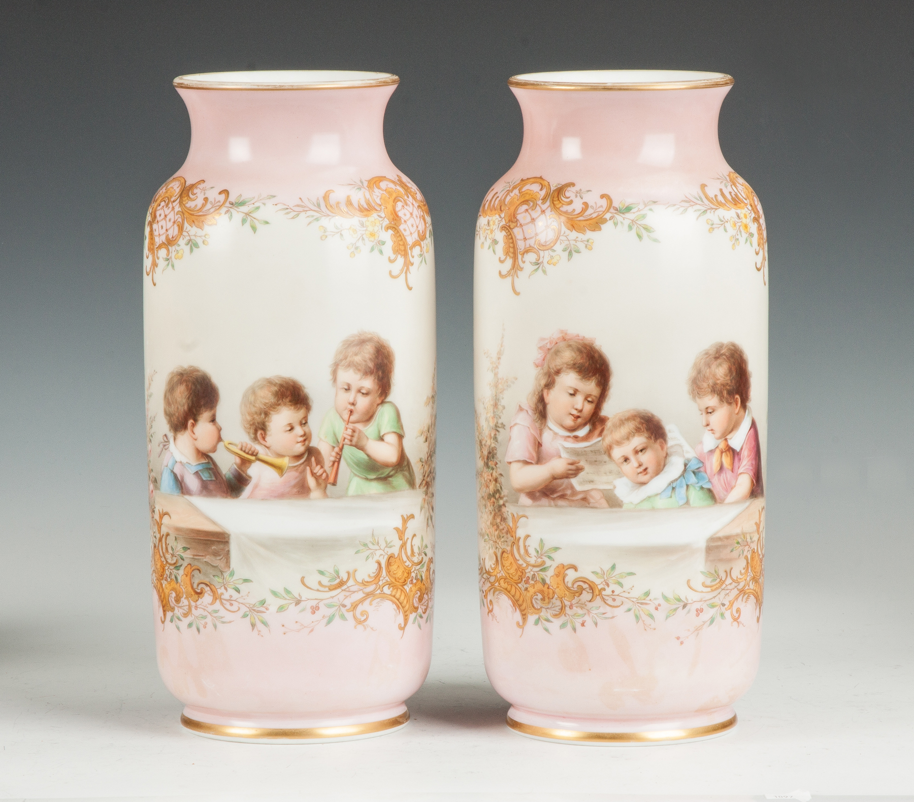 Appraisal: Pair of Hand Painted Enameled Glass Vases C With children