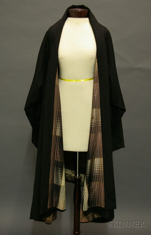 Appraisal: Vintage Black Wool and Plaid Silk Taffeta Cape Coat s