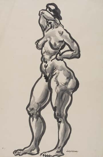 Appraisal: JOSEPH DELANEY - Standing Nude Covering Face Brush and ink