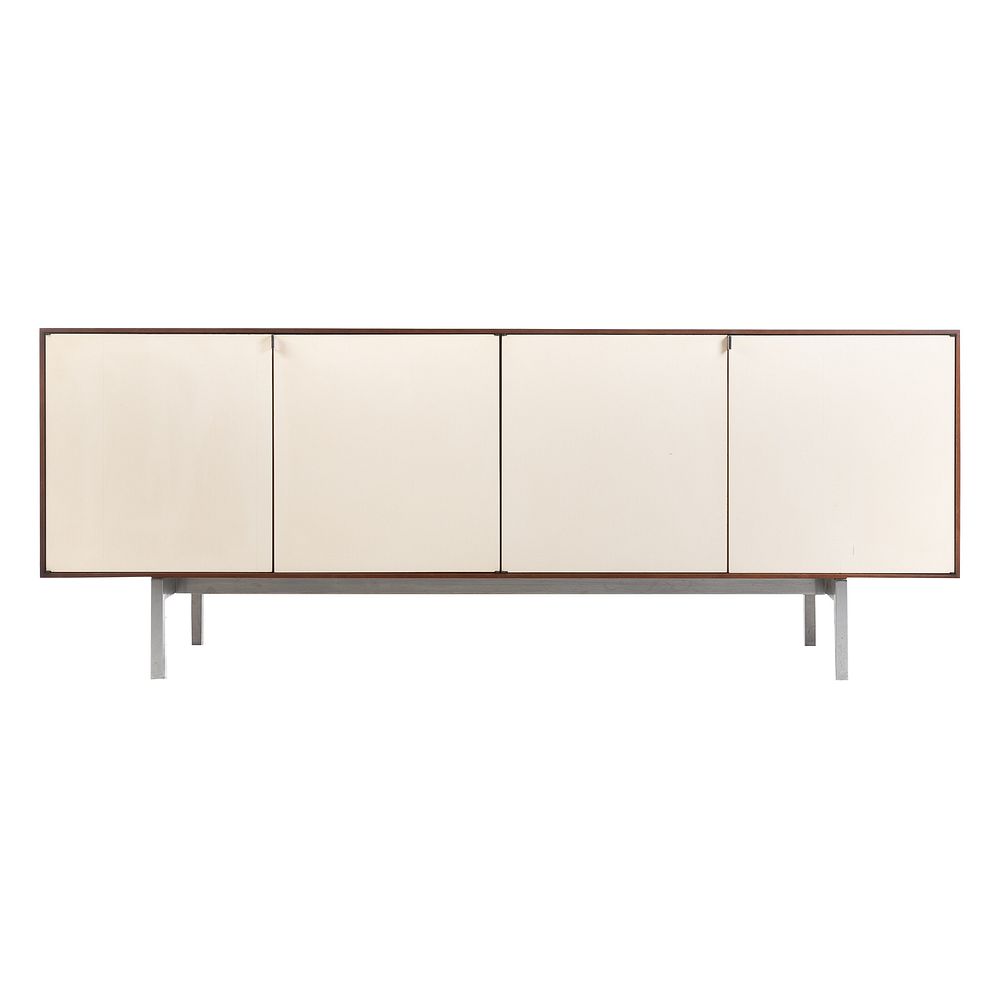 Appraisal: Florence Knoll Credenza Walnut frame with four white lacquered doors