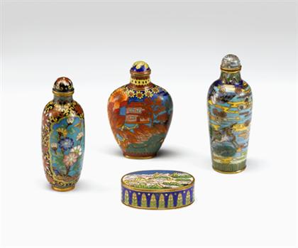 Appraisal: Three Chinese cloisonne snuff bottles and snuff box Comprised of