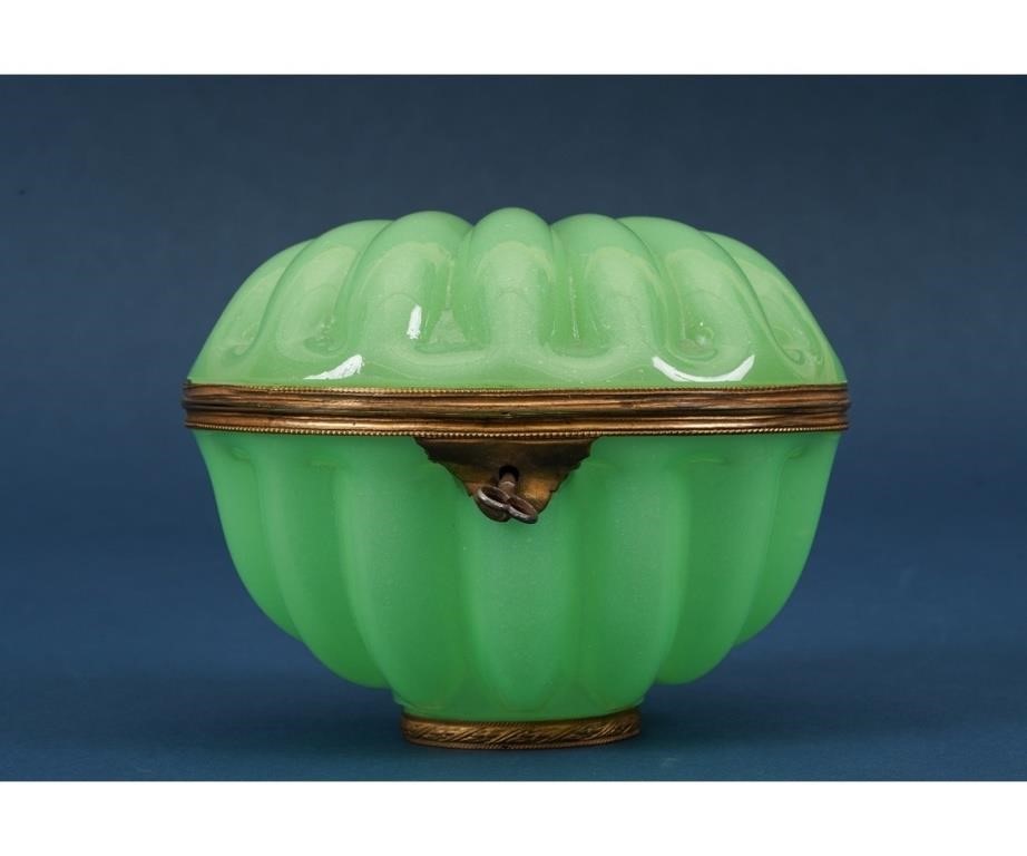 Appraisal: French green opaline glass shell form box with gilt metal