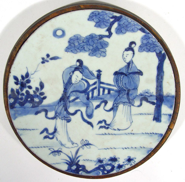 Appraisal: Circular Chinese porcelain plaque hand painted with blue figures in