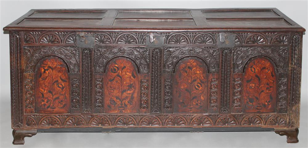 Appraisal: ENGLISH BAROQUE INLAID OAK LARGE BLANKET CHEST the front with