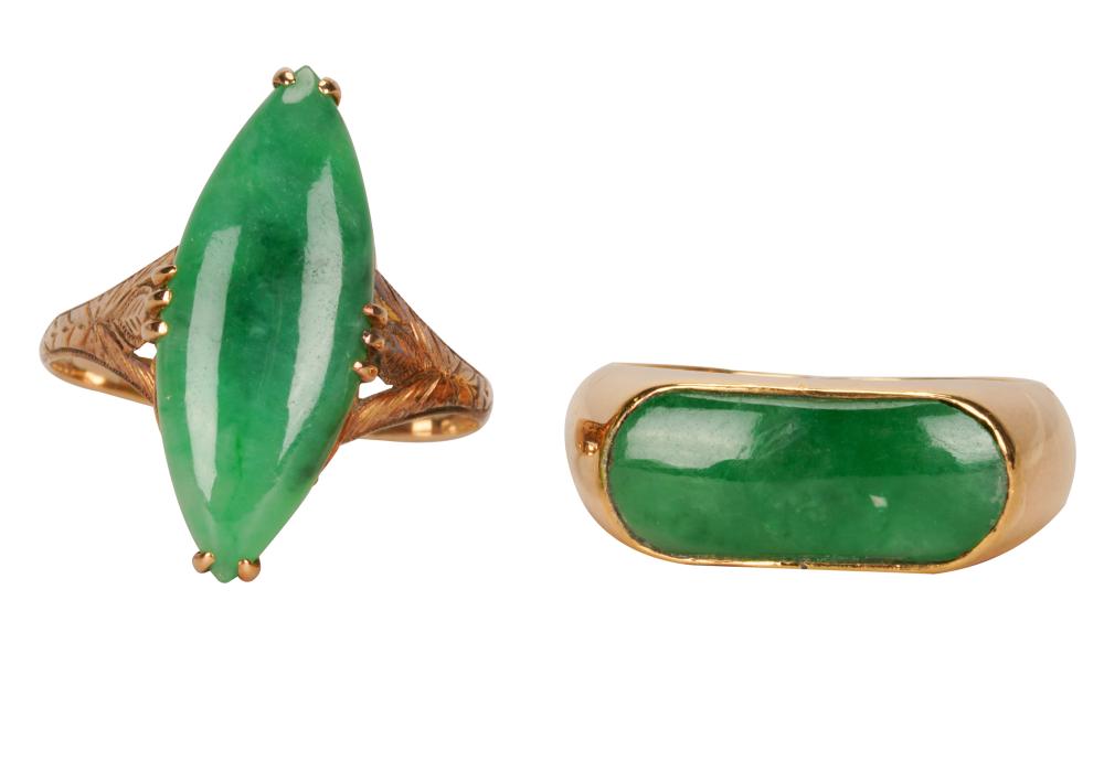 Appraisal: TWO KARAT YELLOW GOLD JADE RINGSthe saddle-style ring centering one