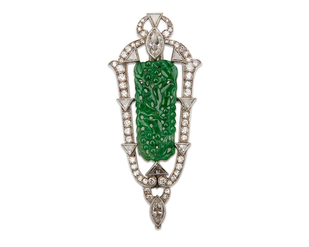 Appraisal: Platinum Carved Jadeite and Diamond Pendant Brooch Platinum Carved Jadeite