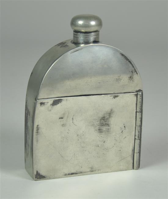 Appraisal: Pewter Flask th Century With hinged compartment for playing cards