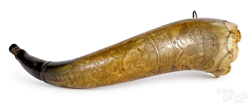 Appraisal: Scrimshaw decorated powder horn Exclusive on Bidsquare Scrimshaw decorated powder