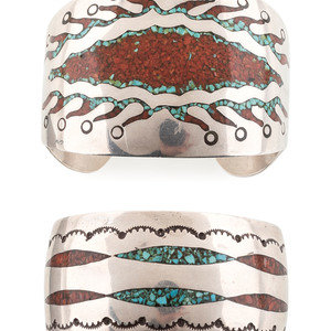 Appraisal: Navajo Silver Cuff Bracelets with Turquoise and Coral Chip Inlay