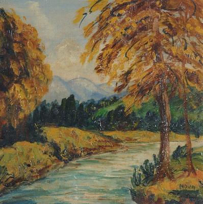 Appraisal: Painting Signed Nova Mountain landscape Oil on canvasboard signed at