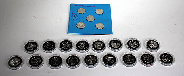 Appraisal: A COLLECTION OF SEVENTEEN SILVER PROOF FIFTY PENCE PIECES produced