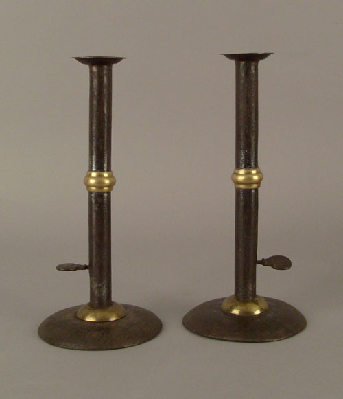 Appraisal: Pair of hogscraper candlesticks early th c with brass wedding