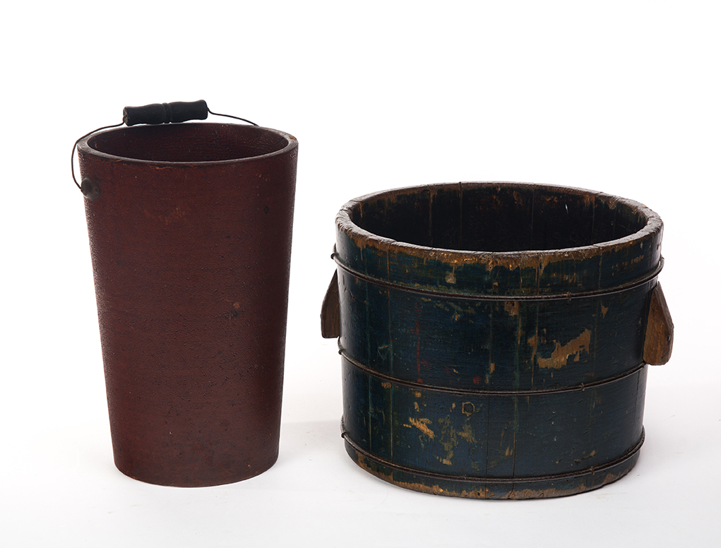 Appraisal: TWO PAINTED BUCKETS American th century Double handled bucket with