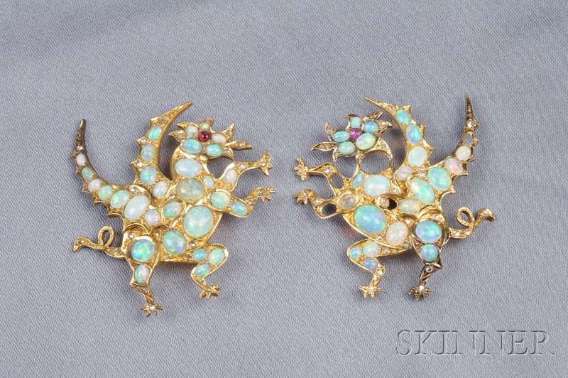 Appraisal: Pair of kt Gold and Opal Dragon Brooches each winged