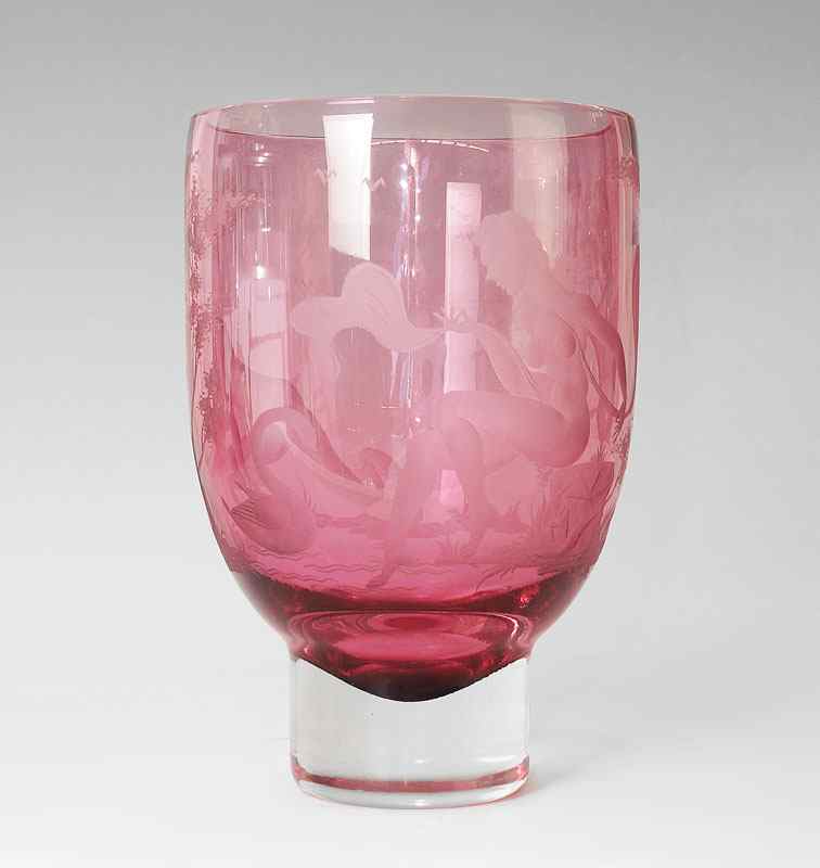 Appraisal: ART DECO ENGRAVED CRANBERRY GLASS VASE Intaglio cut with satyr