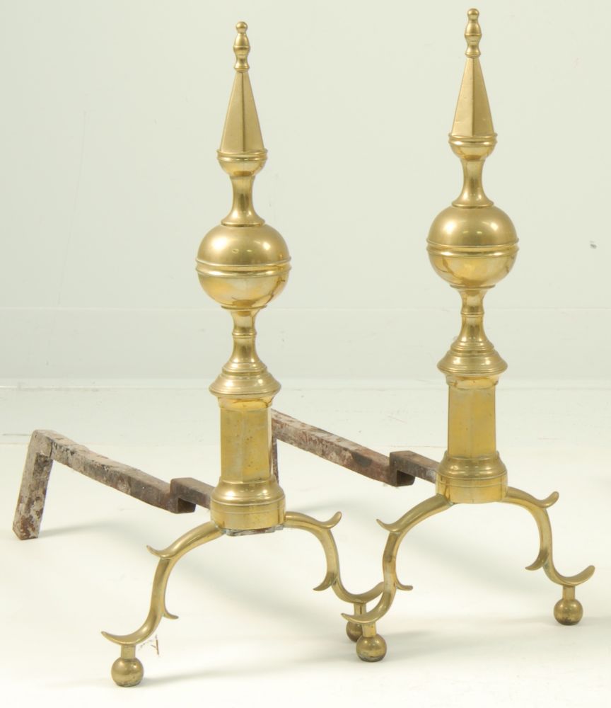 Appraisal: PAIR OF ANTIQUE AMERICAN STEEPLE-TOP ANDIRONS th CenturyWith ball feet