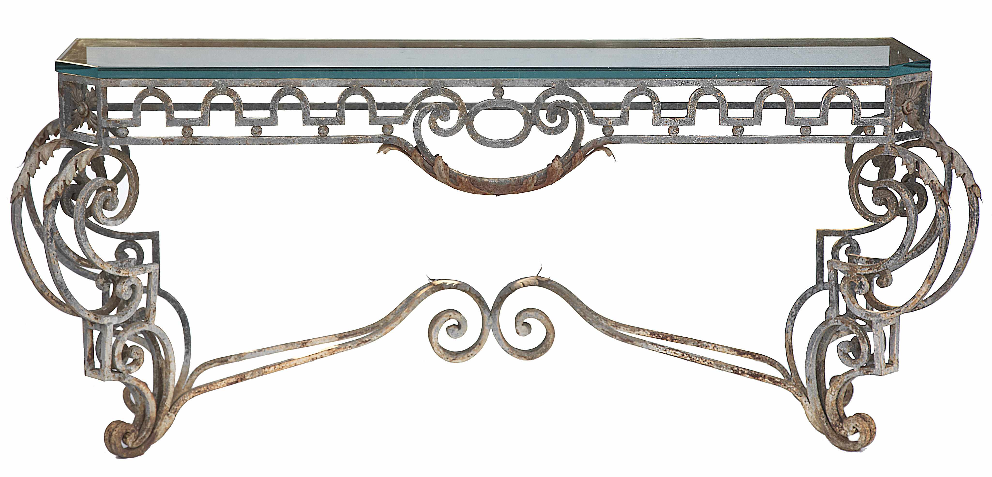 Appraisal: A Baroque style wrought iron and tle console with glass