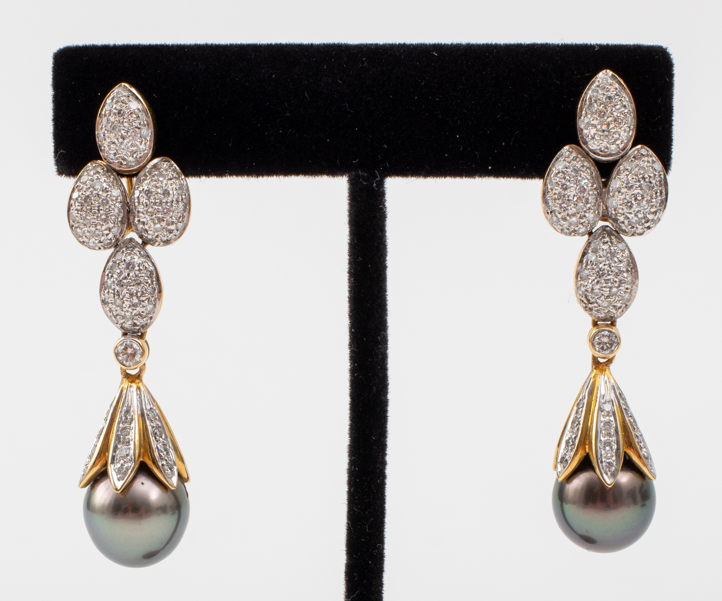 Appraisal: K GOLD DIAMOND TAHITIAN PEARL DROP EARRINGS K yellow and