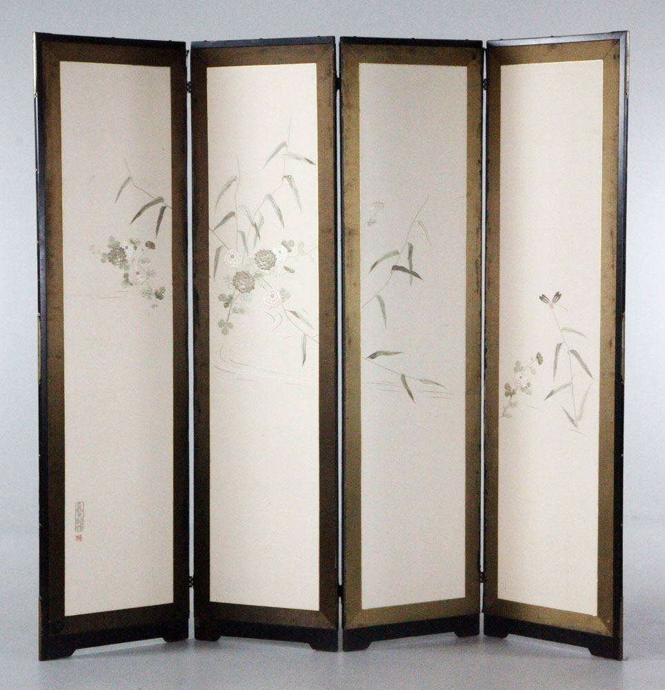 Appraisal: - Japanese -Paneled Silk Screen Japanese four-paneled screen silk signed