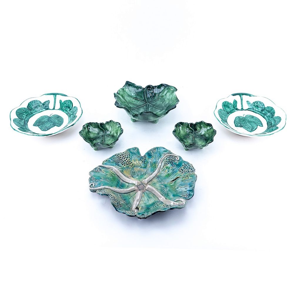 Appraisal: Six Pieces Modern Majolica Style Pottery Bowls Includes various leaf