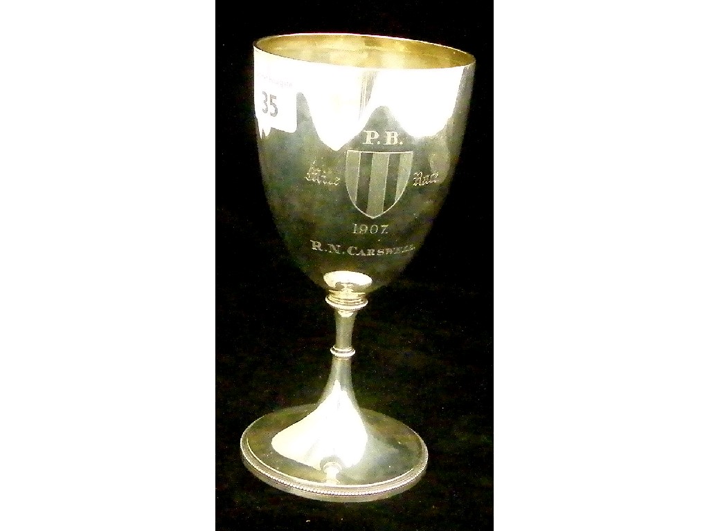 Appraisal: Edwardian presentation goblet of plain form with a beaded flared