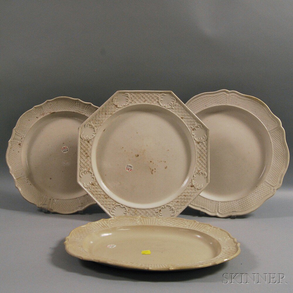 Appraisal: Three Staffordshire Salt-glazed Stoneware Chargers and a Tray England th