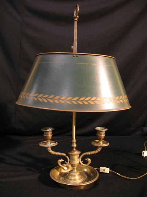 Appraisal: EMPIRE STYLE BRASS BOUILOTTE LAMP With green painted tole shade