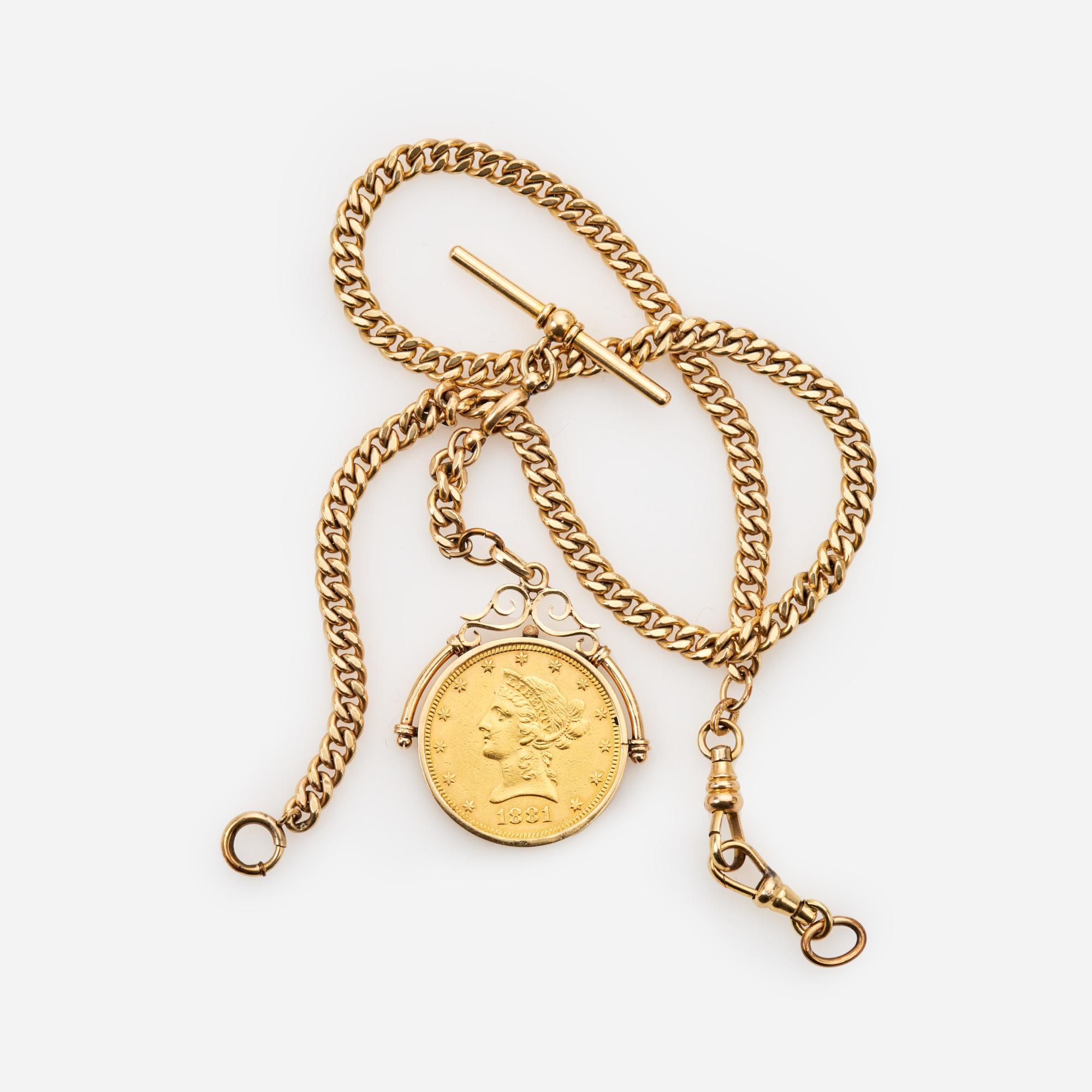 Appraisal: LIBERTY GOLD COIN WATCH CHAIN AND FOB A Speidel gold