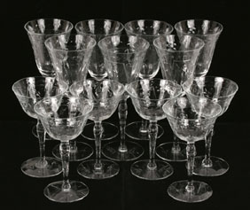 Appraisal: Stemware set wine and sherbet etched glass floral design cut